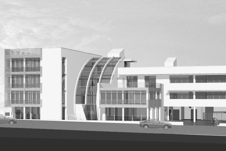 Progetto di edificio terziario e residenziale plurifamiliare in bioedilizia realizzato da Fulvio Miatello, a Vedano Olona