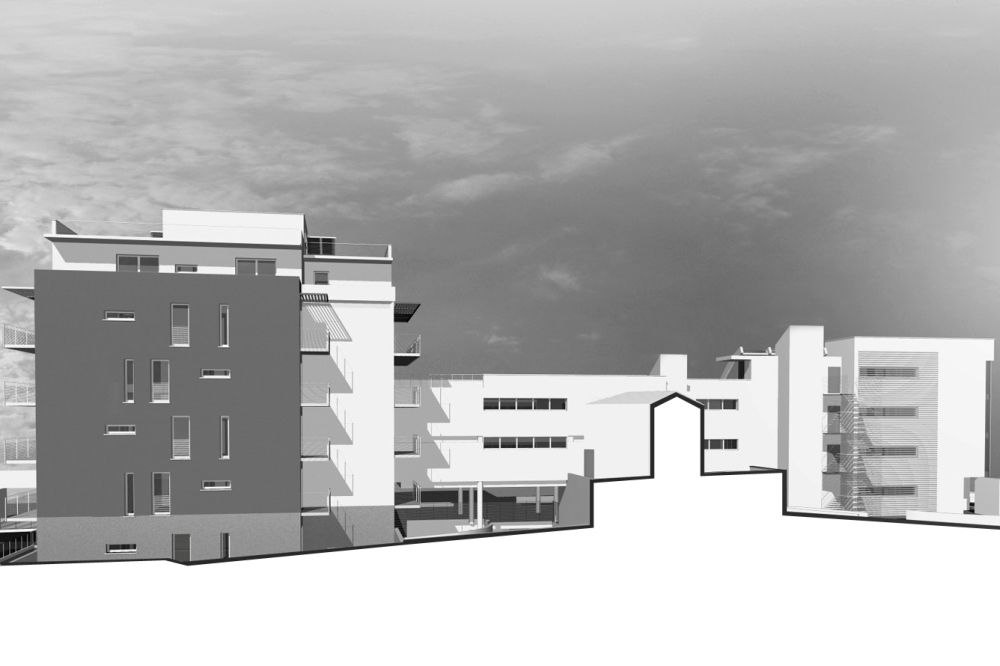 Progetto di edificio terziario e residenziale plurifamiliare in bioedilizia realizzato da Fulvio Miatello, a Vedano Olona