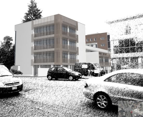 Progetto di edificio terziario e residenziale plurifamiliare in bioedilizia realizzato da Fulvio Miatello, a Vedano Olona