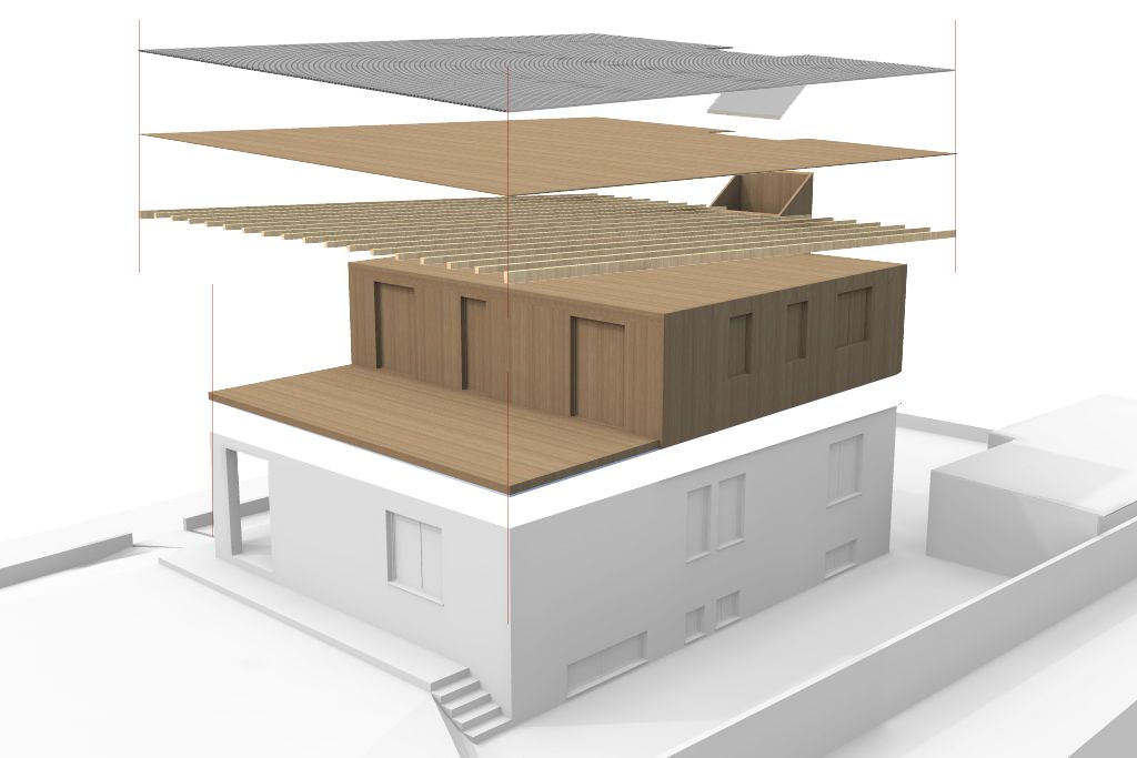 Progetto di sopralzo in legno, per realizzazione di unità abitativa indipendente realizzato da Fulvio Miatello,  a Vedano Olona